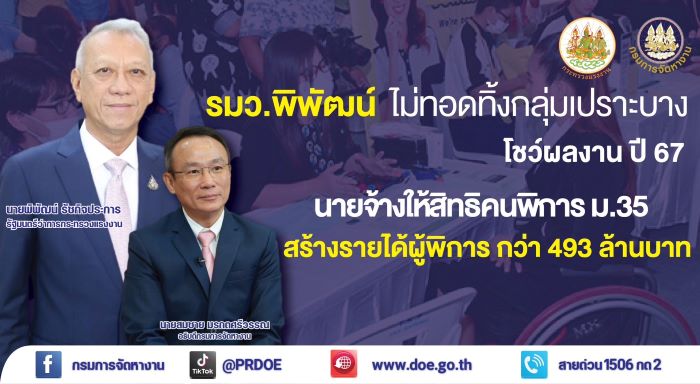 รมว. พิพัฒน์ ไม่ทอดทิ้งกลุ่มเปราะบาง โชว์ผลจ้างงานคนพิการ ปี 67 นายจ้างให้สิทธิคนพิการ ม.35 สร้างรายได้ผู้พิการกว่า 493 ล้านบาท