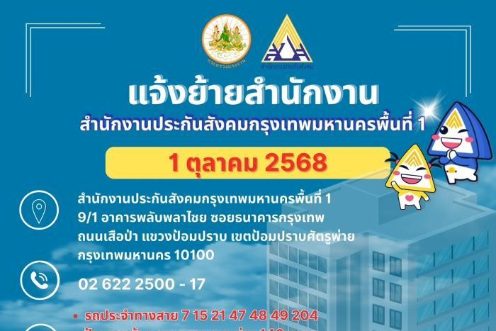 สำนักงานประกันสังคมกรุงเทพมหานครพื้นที่ 1 แจ้งย้ายที่ทำการใหม่ &ldquo;ชั้น 5 อาคารพลับพลาไชย ตั้งแต่ 1 ตุลาคม 2568&rdquo; เพื่อเพิ่มประสิทธิภาพการให้บริการ